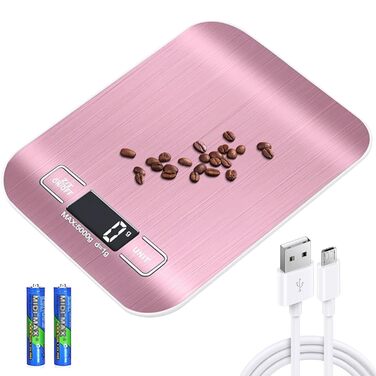 Кухонні ваги цифрові, 10 кг/1 г, USB, з підзарядкою, LCD дисплей, функція тарування, професійні кухонні ваги, рожеве золото