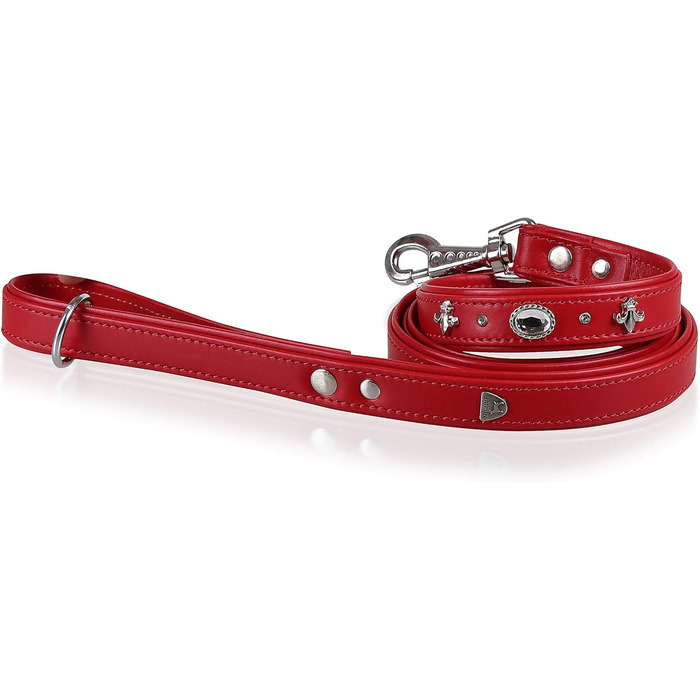 Julieta Leine, leather dog leash, leather lead for dogs, MATCHES Julieta collar, Red, leather, with lilies, rhinestones, and a large crystal