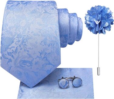 Шовковий краватковий комплект Hi-Tie: краватка, нагрудна хустинка, запонки, латунний значок. Ідеально для весілля та ділових зустрічей (Babyblau A)