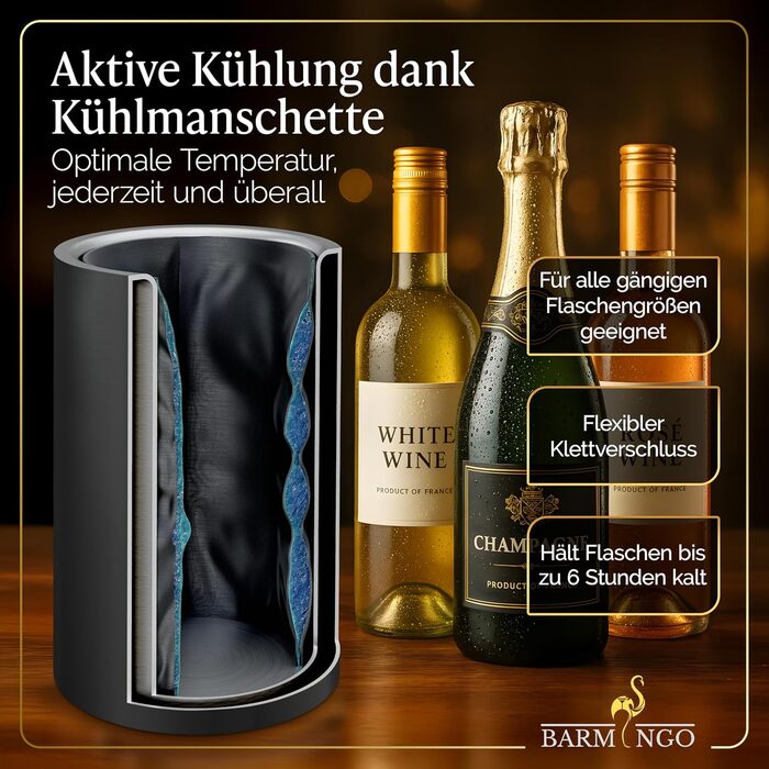 Охолоджувач для вина BARMINGO з нержавіючої сталі з 2 охолоджувальними акумуляторами – охолоджувач напоїв та охолоджувач пляшок для вина, шампанського, ігристого вина | Подвійний сектанкулер з охолоджувальними манжетами | Охолоджувач для винних пляшок | (