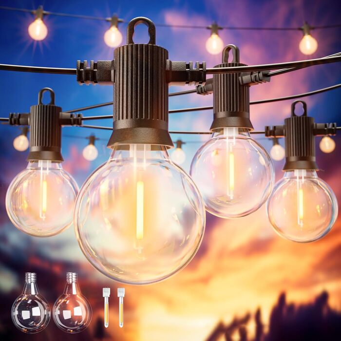 ZOTOYI String Lights Bulbs Outdoor, 15M Outdoor String Lights Bulbs, 25 G40 Bulbs 2 Replacement Bulbs IP65 Waterproof Warm White LED Filament Bulbs for Indoor Decor Outdoor, Party, Festival, Wedding