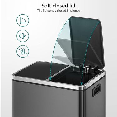 Відро для сміття Panana 2 x 30 л з 2 відсіками, система сортування, відро з педаллю, для кухні, 15 мішків, метал, пластик, з м'яким закриттям, сіро-зелений