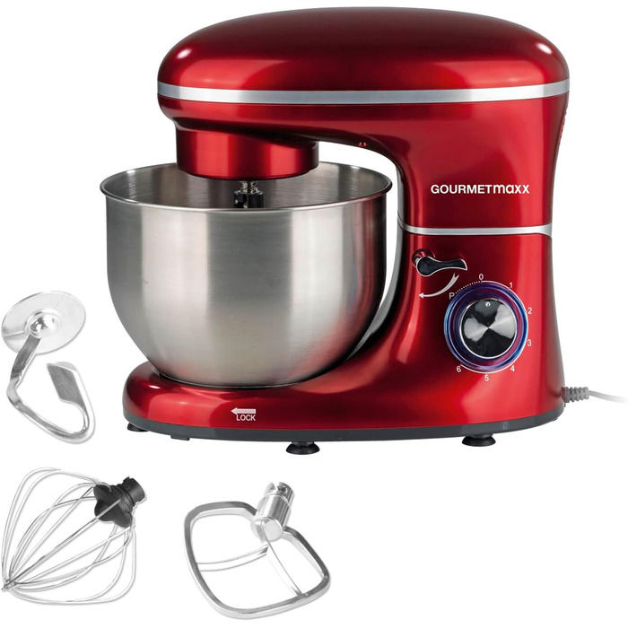 Gourmetmaxx Kitchen Machine with Kneading and Whisking Function | Powerful kitchen machine with a large 5-liter stainless steel bowl and direct drive | Includes whisk attachment, dough hook & beaters [1,500 watts] Metallic Red