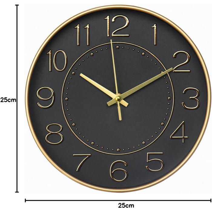 HZDHCLH Funk Wall Clock Silent No Ticking 25 cm Easy-to-Read Clock for Kitchen, Living Room, Bedroom, Bathroom, Home Office (Black Gold)