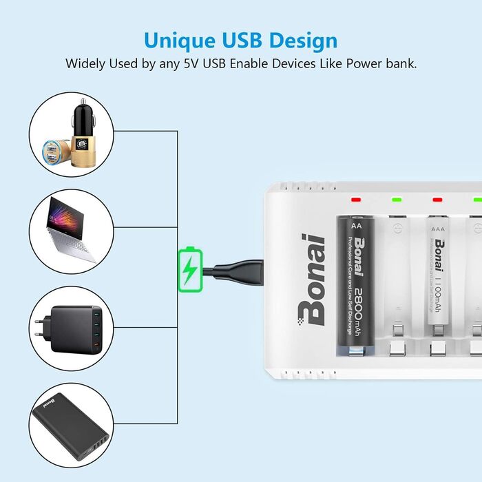 Зарядний пристрій BONAI для акумуляторів AA AAA NI-MH з LED-дисплеєм, USB, швидка зарядка, 8 слотів