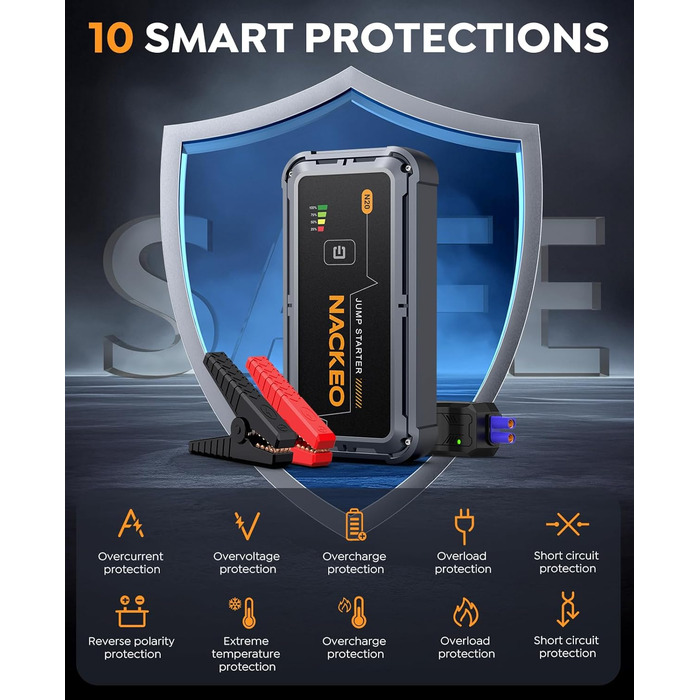 Powerbank Starthilfe 7000A: Зарядний пристрій для автомобіля, 12V, для бензинових та дизельних двигунів (до 10л), з кабелями та LED-ліхтариком, для авто, SUV, вантажівок, мотоциклів