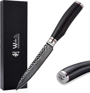 Wakoli EBO Преміум Дамаст універсальний ніж з лезом 12 см, виготовлений з 67 шарів справжнього дамастської сталі та чорного дубового дерева | Ніж Дамаст, кухонний ніж, професійний кухарський ніж