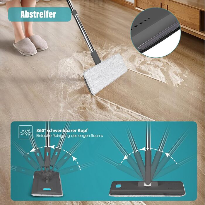 Набір для миття підлоги з відром, Masthome, компактний, з віджимом, 3 мікрофібрових насадок, нержавіюча сталь, 2 в 1, для дерев'яних, плиткових та мармурових підлог (сірий+блакитний, 3.7л)