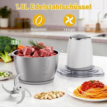 Електричний подрібнювач OUSFOT Multizerkleinerer, 1.8L, 500W, скляна чаша, для овочів, фруктів, м'яса, кухня (білий)