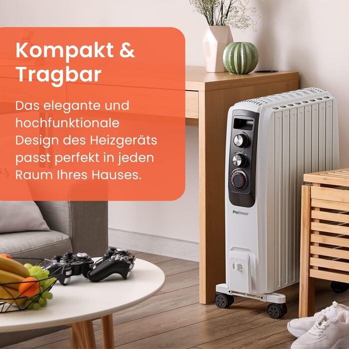 Портативний масляний радіатор Pro Breeze, 8 елементів, 2000 Вт, 3 режими нагріву, термостат, таймер, електрообігрівач