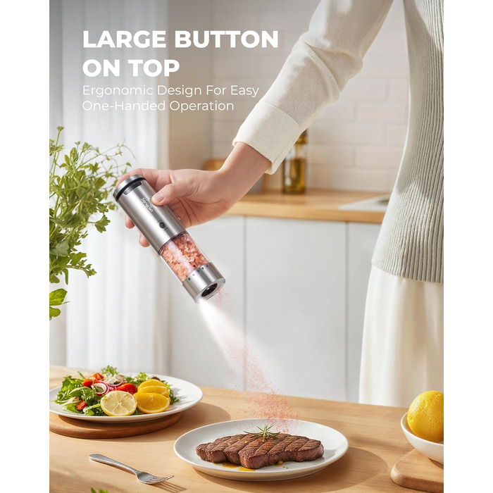 Sangcon Electric Salt and Pepper Grinder Set, 2 Speeds Rechargeable, 6 Externally Adjustable Grind Settings, Automatic Salt and Pepper Grinder Set with Storage Base, One-Hand Operation