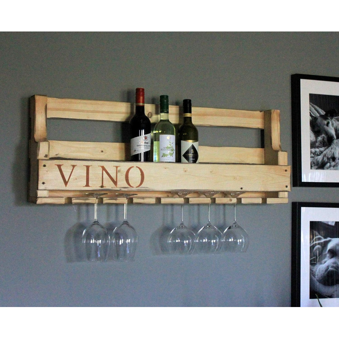 Wooden Wall-Mounted Wine Rack - with Glass Holders and VINO Signage - Flamed - Fully Assembled - Shelf for Wine Bottles and Glasses (Rust-Look)