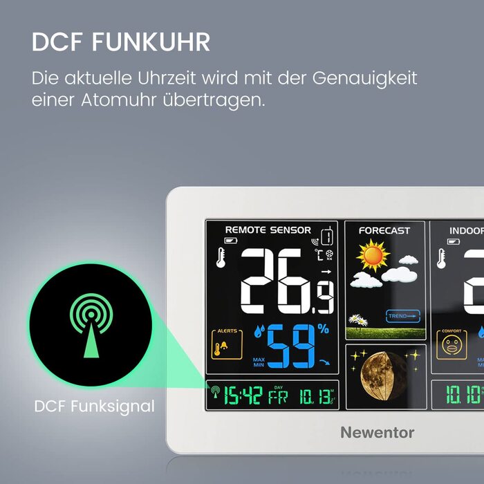 Newentor Weather Station Radio with 3 Outdoor Sensors - Radio Weather Station with Weather Forecast, Temperature Warning, DCF Radio Clock - Battery Powered and Mains Powered, White 1*Station + 3*Outdoor Sensor White