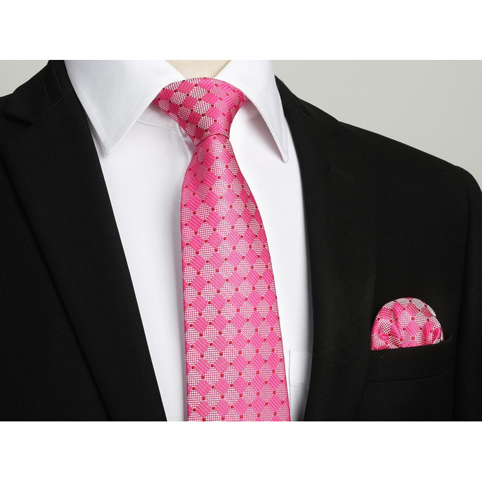 HISDERN Комплект краватки та нагрудного хустинки в клітинку для чоловіків (Фуксія Рожевий)