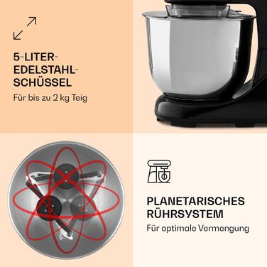 Klarstein 1300W Stand Mixer - Kitchen Machine for Baking, 6-Speed, 5L Bowl, Planetary Mixer with Dough Hook, Whisk & Beater - Black