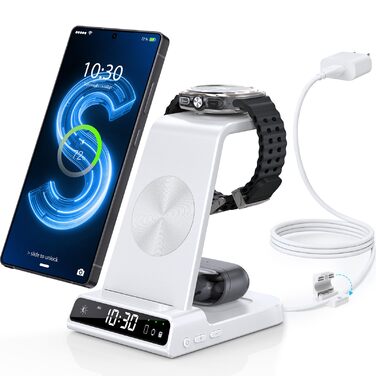 Бездротовий зарядний пристрій 3-в-1 для Samsung Galaxy S25 Ultra, Watch 8/7/Ultra, Buds, з цифровим годинником