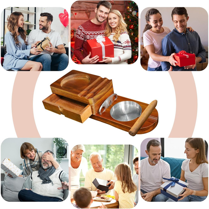 Wooden cigar ashtray, ashtray with whiskey tray and cigar holder + 1 cigar cutter, cigar humidor box with wine holder, for home, office or bar, men's birthday anniversary.