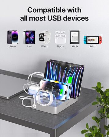 Зарядна станція SooPii USB, 6 портів 50W, з кабелями та тримачем для iWatch, біла (срібло)