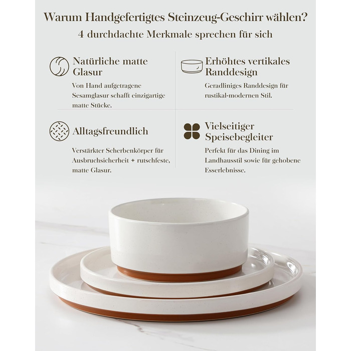 Набір посуду MALACASA з каменю (18 предметів) для 6 осіб, керамічний сервіз з глазур'ю 'сезам', білий з коричневим дном, набір тарілок та мисок
