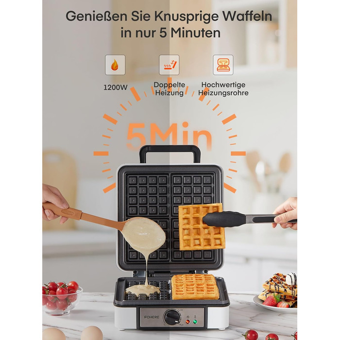 Електричний вафельниця FOHERE 4 вафлі, XXL, антипригарне покриття, Paninigrill, вафельниця для тостів, 1200 Вт