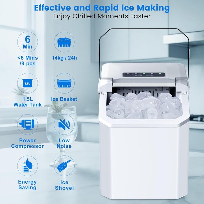 Льодогенератор Ice Cube Maker 12 кг/24 год, 2 розміри кубиків льоду, самоочищення, білий - для дому, офісу, бару