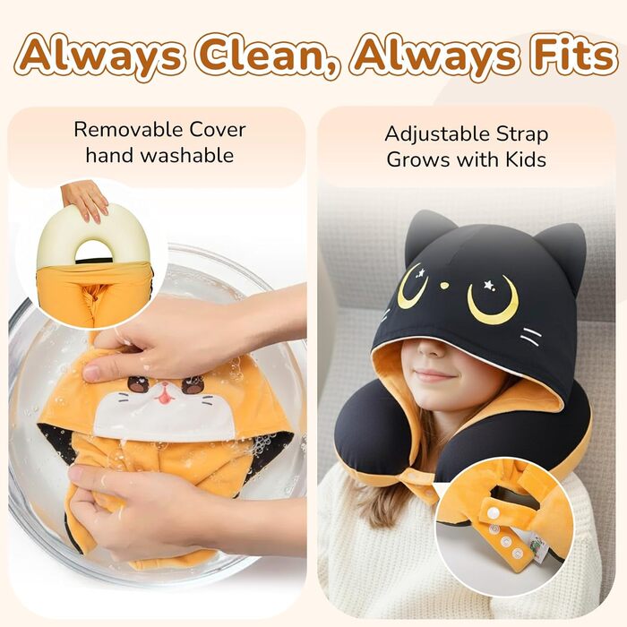 Подушка для шиї Mewaii для подорожей, двостороння подушка для дорослих, подушка для шиї з memory foam для літаків, обертова подушка для шиї з котячим капюшоном, регульований ремінь, чорний, перекидний