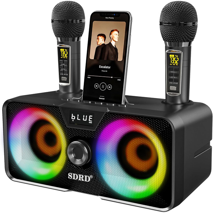 Портативна караоке-машина з Bluetooth, 20W, 2 бездротові мікрофони, PA-система для дому, вечірок, церкви, пікніка, на відкритому повітрі, чорний