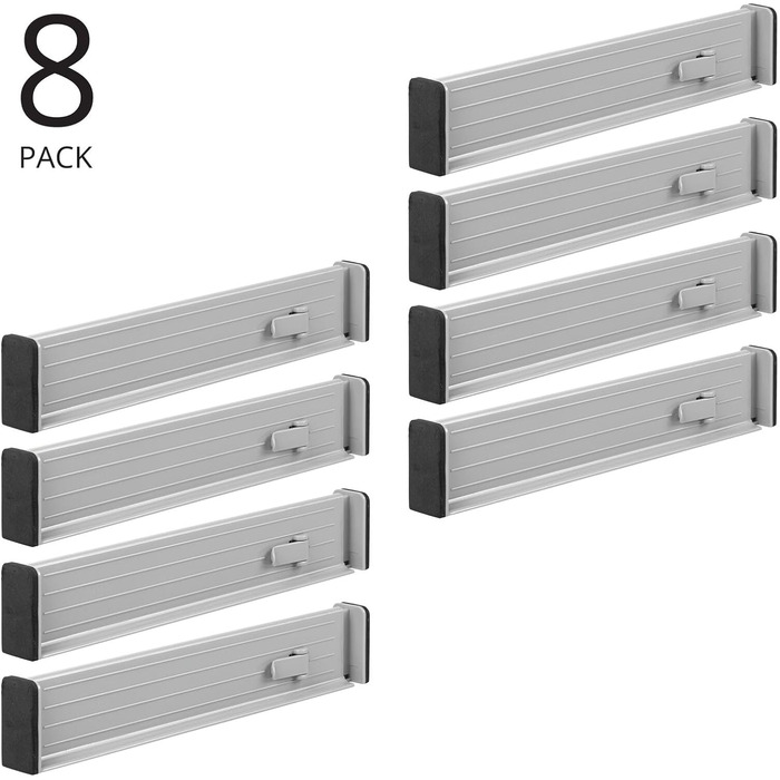 mDesign Adjustable Drawer Organizer – Practical Drawer Dividers for Cabinets and Dressers – Flexible Plastic Compartmentalizer – 8-Piece Set – Grey and Black