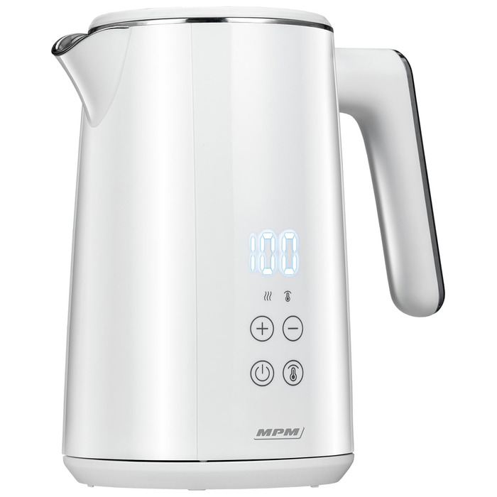 Електричний чайник MPM MCZ-120 1,5L з подвійними стінками, регулюванням температури 40–100°C, нержавіюча сталь, 2200W, тихий, швидкий, сенсорне управління, легкий, елегантний, білий