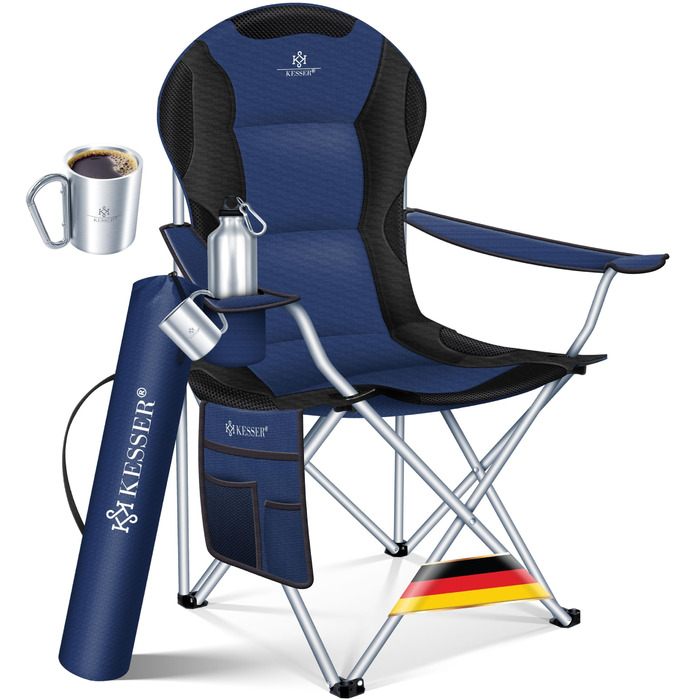 Крісло кемпінгове складне KESSER® до 150 кг, з підлокітниками та підсклянником, висока спинка, сіре (Navyblau / Чорний)