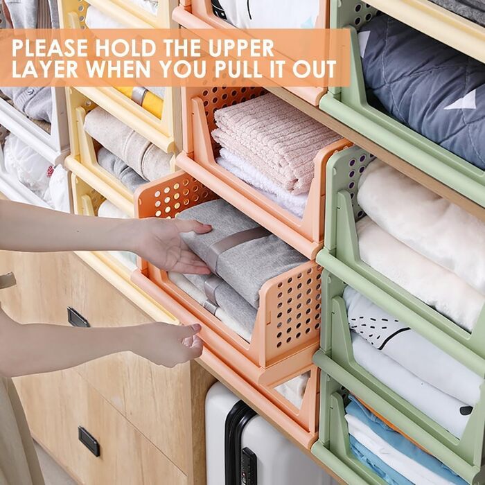 4 Pack Stackable Folding Closet Storage Box Organizer (Easy Open and Fold), Plastic Closet Shelves Storage Box Organizer, Bedroom, Kitchen (Multicolor)