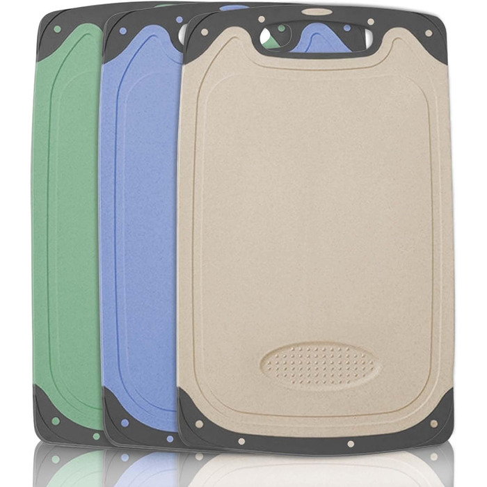 Cutting Board Set of 3, Plastic Cutting Board with Juice Grooves & Garlic Press Groove, Non-Slip Kitchen Board, Antibacterial Breakfast Board Cutting Boards for Fruit/Vegetables/Meat