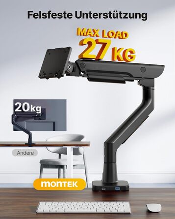 Кронштейн для монітора monTEK для Ultrawide-екранів 17–57 дюймів до 27 кг, алюмінієвий пневматичний підйомник, регулювання висоти, VESA 75x75/100x100, USB 3.0, чорний
