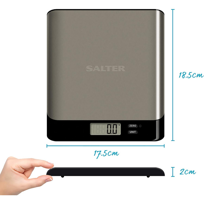 Кухонні ваги Salter Arc Pro: цифрові, з нержавіючої сталі, LCD дисплей, функція тарування, 5 кг, чорний колір