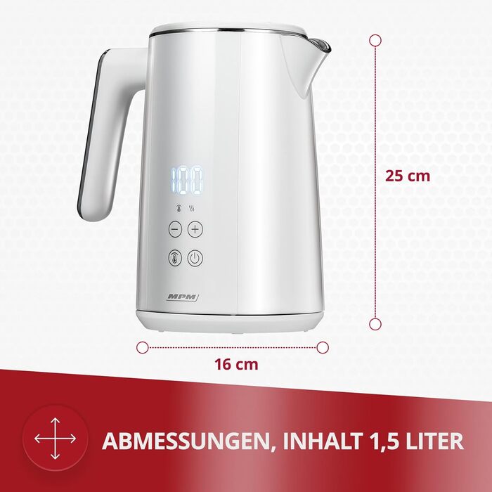 Електричний чайник MPM MCZ-120 1,5L з подвійними стінками, регулюванням температури 40–100°C, нержавіюча сталь, 2200W, тихий, швидкий, сенсорне управління, легкий, елегантний, білий