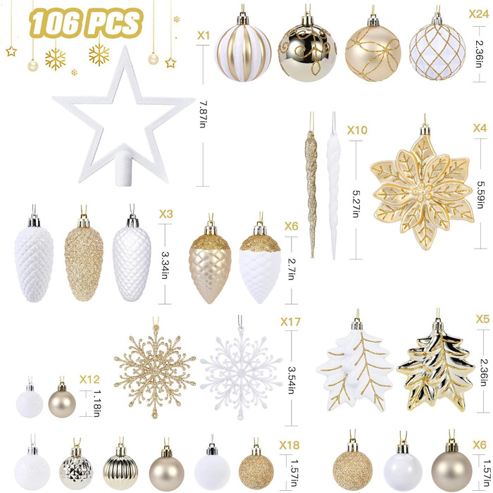 Набір прикрас для ялинки Shareconn: 106 шт. у 24 кольорах, міцні ялинкові кулі, декор для ялинки, святкування, весілля (шампань-золото та білий)