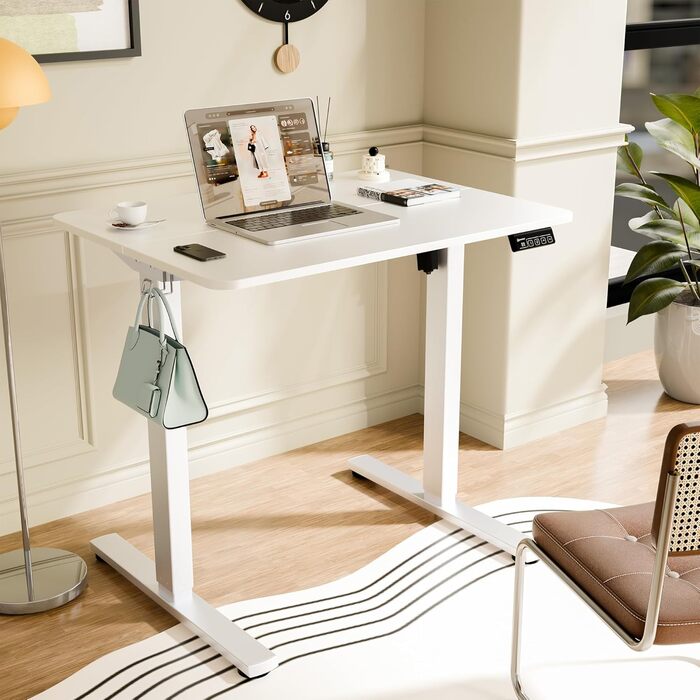 ERGOMAKER Electric Height Adjustable Desk 80x60cm - Small Standing Desk with 2-Section Tabletop, Height Adjustable Desk for Home Office, White Frame & Tabletop