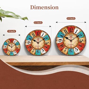 VIKMARI Quartz Wall Clock Wood Silent Hanging Clock, Battery-Powered Round Rustic Clock, Easy to Read Vintage Interior Wall Clock ||14' (Colorful Arabic Numerals, 20 cm)