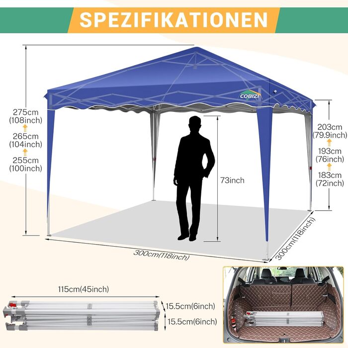 COBIZI Folding Gazebo 3x3, 3x3 Gazebo Waterproof Stable One Push UV Protection Outdoor Party Tent Wave Canopy Event Tent Tent Garden Gazebo Pavilion Folding 3x3m With Carry Bag, (Navy Blue, 3x3 Wave)