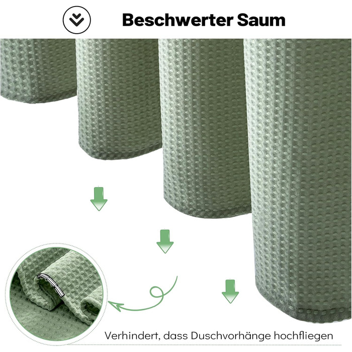 Шторка для душу BTTN вафельна, 180x200 см, антигрибкова, важка, водонепроникна, текстильна, з 12 гачками, зелена