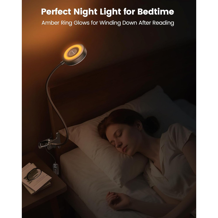 Світлодіодна приліжкова лампа Glocusent з кліпсою, 72 LED, 3 кольори світла, 5 рівнів яскравості, нічник, таймер, захист очей, для читання, роботи (чорна з пультом)