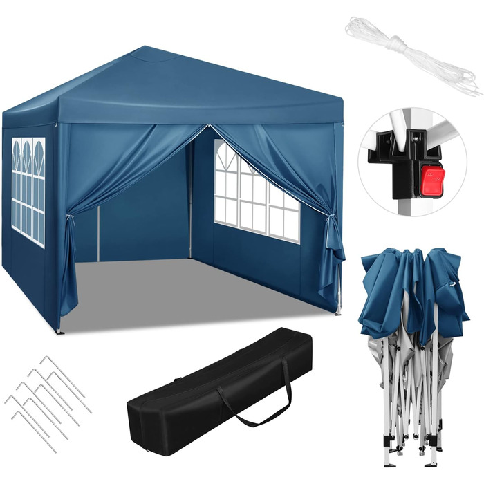 WOLTU Pop-Up Gazebo, Waterproof Folding Canopy, Sun Shade Event Tent with Side Walls, Garden Gazebo for Patio, Camping, Festival, Pagoda Tent, 3 x 3 m, Blue