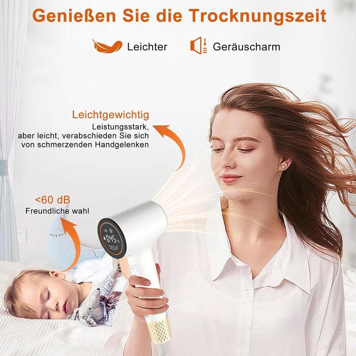 Фен для волосся з плазмою та безщітковим мотором 110 000 об/хв - швидке сушіння, тиха робота, з магнітною насадкою, для дому та подорожей (темно-сірий)