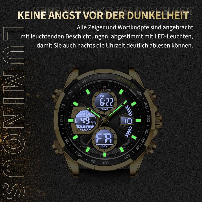 Навіфорс чоловічий військовий годинник - мультифункціональний годинник з кварцовим механізмом, водонепроникний, з шкіряним ремінцем (золото+чорний)