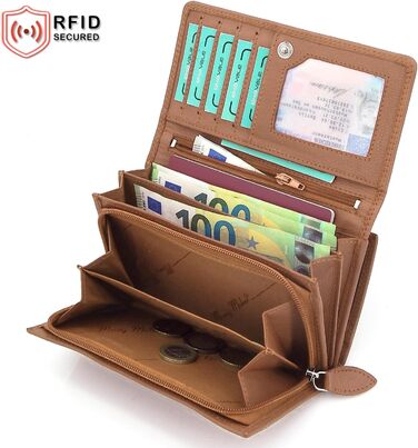 ekavale Women's XXL Leather Wallet with RFID Protection - Leather Wallet with Multiple Compartments for Women (Tan)