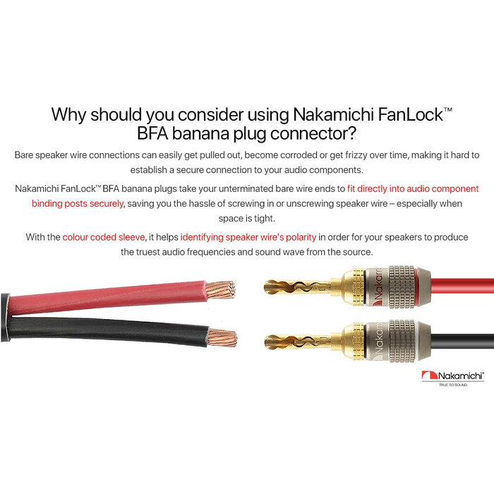 Бананові роз'єми Nakamichi FanLock Excel-Serie, 24K позолочені BFA коннектори для акустичних кабелів 10-18 AWG, 4 мм, для Hi-Fi стерео та домашнього кінотеатру, 4 шт (2 пари)