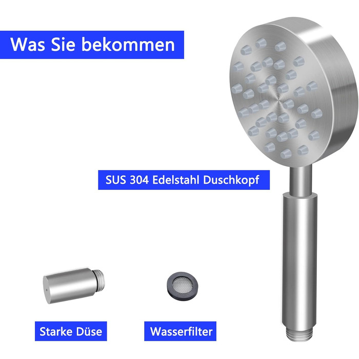 Stainless Steel Shower Head, Water-Saving Showerhead, High-Pressure Shower Head, Handheld Shower Head with Strong Jet, Rain Shower Head for Bathing, Spa, and Tub Cleaning
