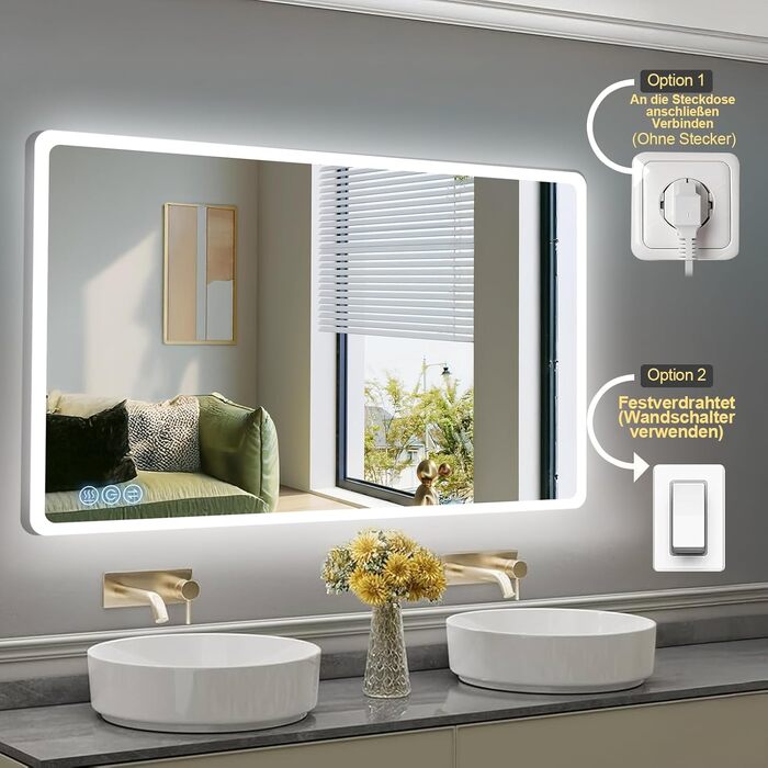 Дзеркало для ванної кімнати з підсвічуванням 100x60 см, сенсорні кнопки, IP65, 3 режими кольору, функція пам'яті, HD скло, горизонтальне/вертикальне встановлення