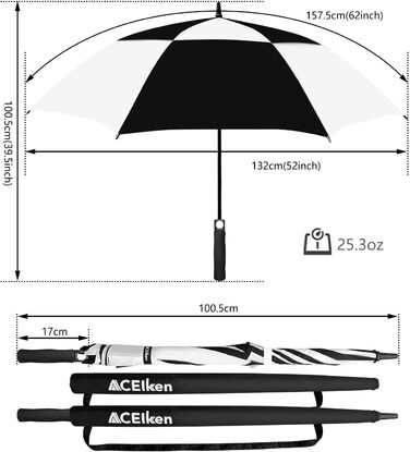 Стійкий до вітру парасолька-тростина XL/XXL, автоматичний, з подвійним вентиляційним отвором - високоякісний парасолька для жінок та чоловіків, ідеальний як гольф-парасолька (чорний/білий, 62 дюйми/157 см)