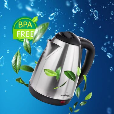 Електричний чайник LEHMANN з нержавіючої сталі, 2200 Вт, 1.8 л, швидке нагрівання, 360° підставка, автовимкнення, захист від перегріву, BPA-Free, для дитячого харчування, чаю та кави, сріблястий